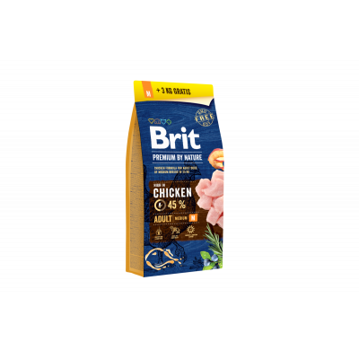 Сухий корм для собак середніх порід вагою від 10 до 25 кг Brit Premium (Брит Преміум) Dog Adult M 15 + 3 кг з куркою
