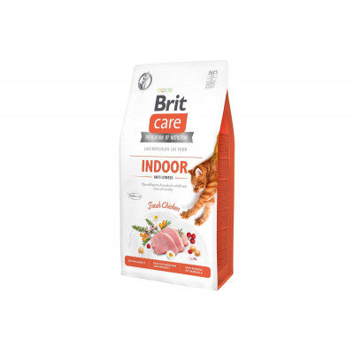 Сухой гипоаллергенный корм для котов живущих в помещении Brit Care (Брит Кеа) Cat GF Indoor Anti-stress (антистресс) 7 кг с мясом курицы