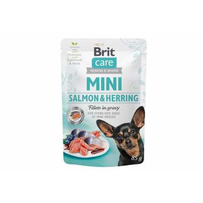 Вологий корм для стерилізованих собак малих порід Brit Care Mini pouch філе лосося з оселедцем у соусі 24шт*85 г