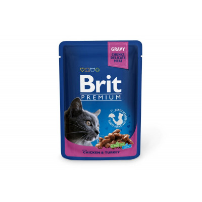 Вологий корм для котів Brit Premium Cat pouch 24шт*100 г з куркою та індичкою (пауч)