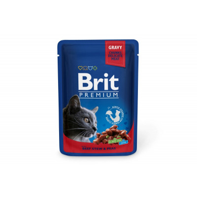 Вологий корм для котів Brit Premium Cat pouch 24шт*100 г з тушкованою яловичиною та горошком (пауч)