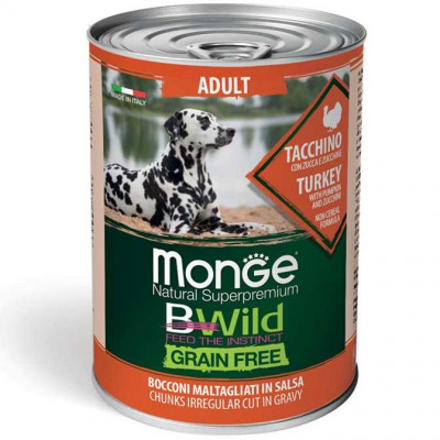 Беззерновой влажный корм для собак Monge (Монж)dog wet BWild Adult индейка, тыква, цукини 400 гр