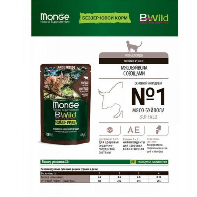 Влажный Беззерновой корм для кошек крупных пород Monge (Монж) cat BWild Grain free WET буйвол 85гр*28шт
