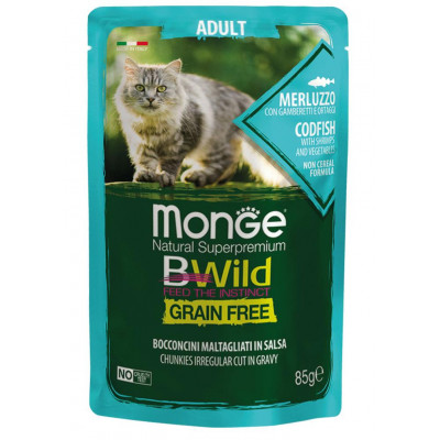 Monge cat BWild Grain free WET тріска з креветками та овочами 85гр*28шт