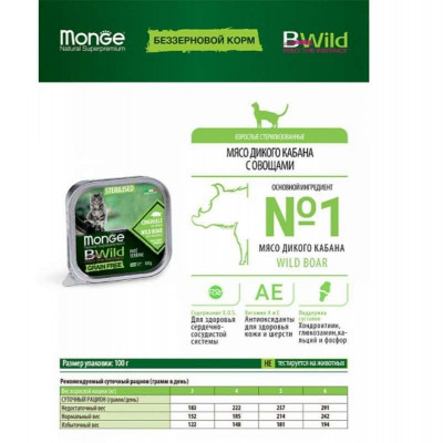 Monge cat BWild Grain free WET Sterilised кабан з овочами 100гр*39шт