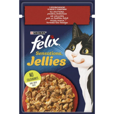 Вологий корм FELIX Sensations Jellies для кішок, з гів'ядиною і томатами в желі   85г*26шт