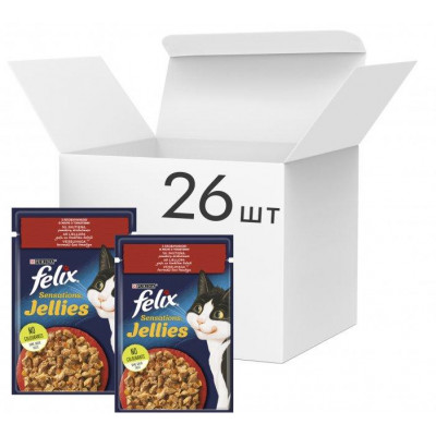 Вологий корм FELIX Sensations Jellies для кішок, з гів'ядиною і томатами в желі   85г*26шт