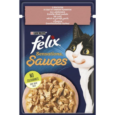 Вологий корм FELIX Sensations Sauces для кішок, з лососем у соусі зі смаком креветок 85 г*26 шт.