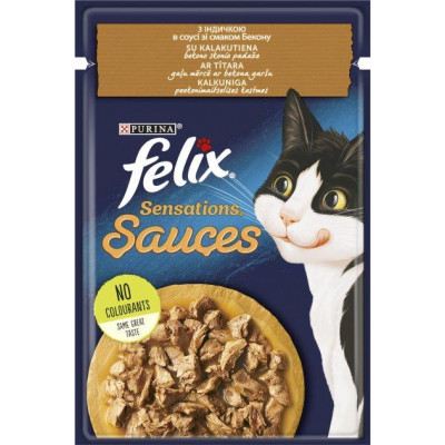 Вологий корм FELIX Sensations Sauces для кішок, індичкою в соусі зі смаком бекону 85г*26 шт.