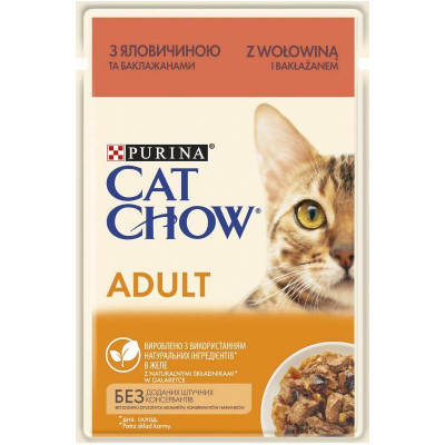 Вологий корм Purina Cat Chow (Кет Чау) для кішок, з яловичиною та баклажанами, шматочки в желе 85 г*26 шт.