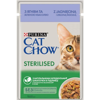 Вологий корм Purina Cat Chow для стерилізованих кішок, з ягням і зеленою квасолею, шматочки в желе 85 г*26 шт.