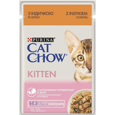 Вологий корм Purina Cat Chow (Кет Чау) для кошенят, з індичкою і цукіні, шматочки в желе 85 г*26 шт.