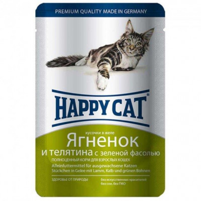 Вологий корм для котів Happy Cat (Хеппі Кет) з ягням і телятиною, шматочки в желе 100 г*22шт