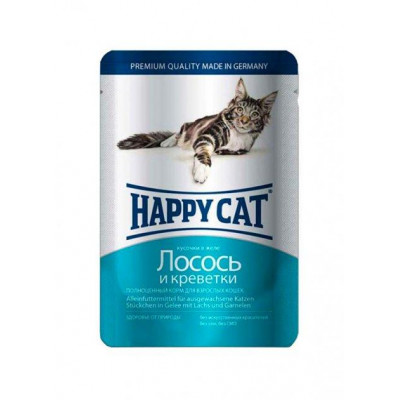 Вологий корм для котів Happy Cat (Хеппі Кет) з лососем і креветкою, шматочки в желе 100 г*22шт