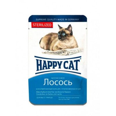 Вологий корм для стерилізованих котів Happy Cat Sterilized (Хеппі Кет) з лососем, шматочки в желе 100 г*22шт