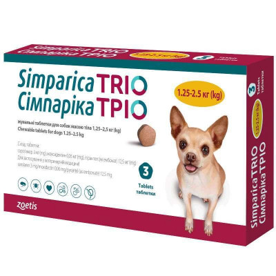 Simparica TRIO — Протизаразитарні таблетки від бліх, гельмінтів і кліщів для собак вагою 1,25-2,5 кг 3 таб.